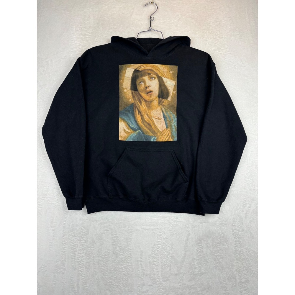 Pulp Fiction Mia Wallace Religious Art Graphic Hoodie Black Mens Medium